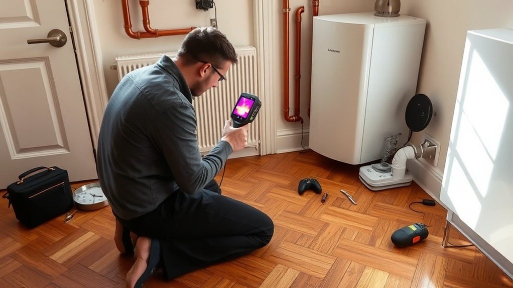 Engineer locating central heating leak using thermal imaging in Herne Hill